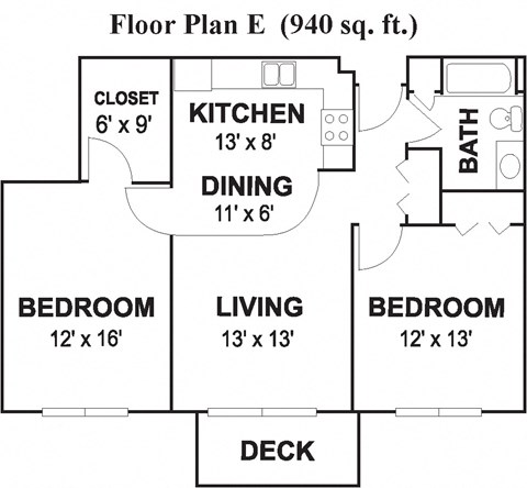 Floor plan for 2 beds, 1 bath, 984 sqft