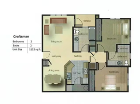 Reno apartment for rent - A floor plan of a craftsman style home with two bedrooms and two baths.