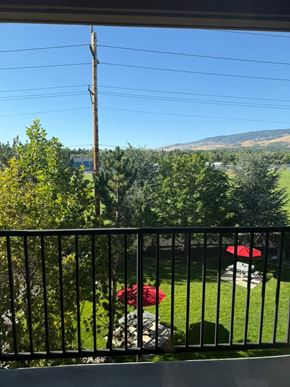 Reno apartment for rent - A view from a balcony overlooking a yard with a red object and trees.