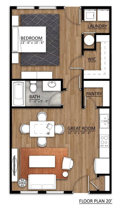 Floor plan for 1 bed, 1 bath, 704 sqft