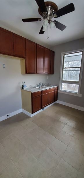 Cincinnati house for rent - an empty kitchen with wooden cabinets and a ceiling fan