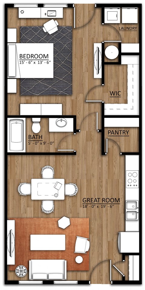 Floor plan for 1 bed, 1 bath, 804 sqft