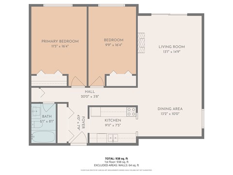 Floor plan for 2 beds, 1 bath, 938 sqft