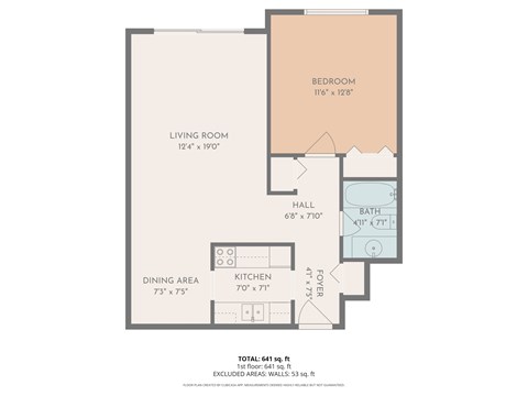 Floor plan for 1 bed, 1 bath, 641 sqft