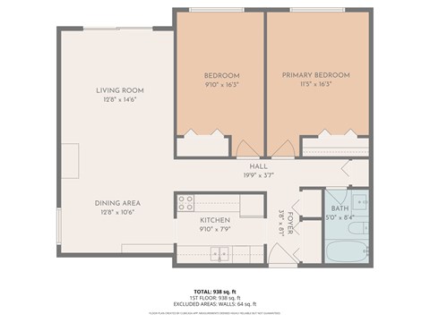 Floor plan for 2 beds, 1 bath, 938 sqft