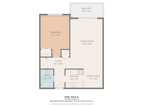 Floor plan for 1 bed, 1 bath, 670 sqft