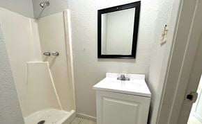 Bay City house for rent - A white bathroom with a sink and a shower.