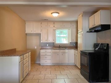 Bay City house for rent - A kitchen with a black oven and white cabinets.
