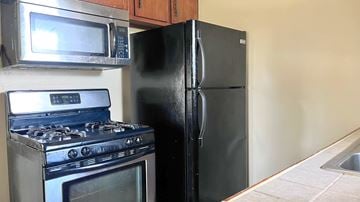 Bay City house for rent - A black refrigerator stands next to a stove in a kitchen.