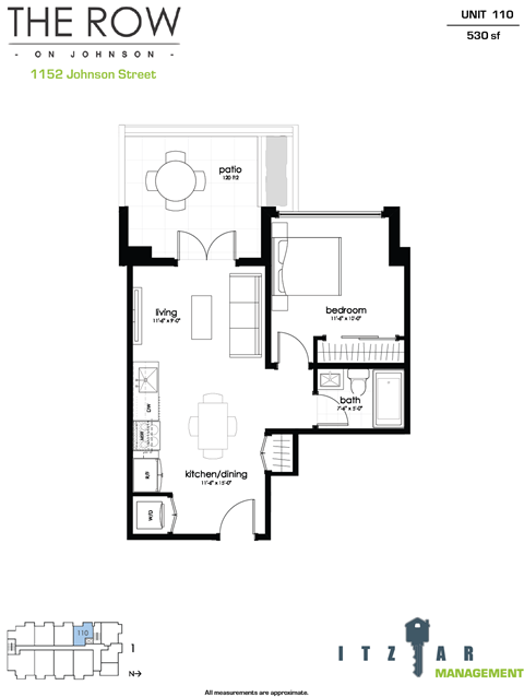 Floor plan for 1 bed, 1 bath, 519 sqft