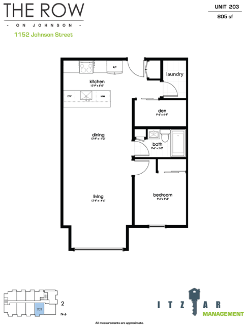 Floor plan for 1 bed, 1 bath, 791 sqft