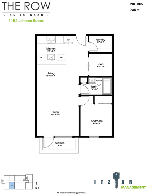 Floor plan for 1 bed, 1 bath, 723 sqft