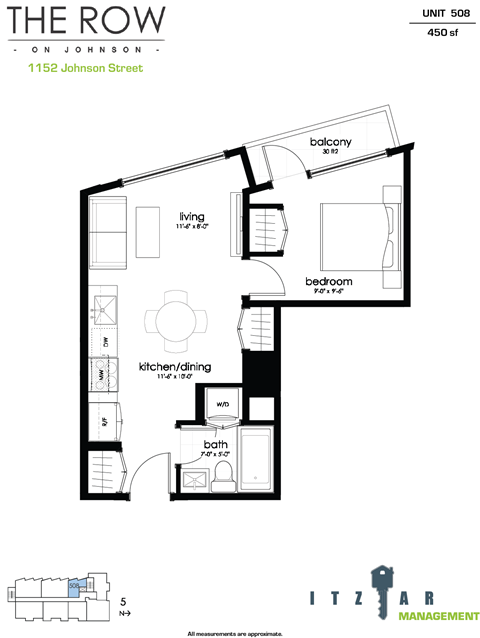 Floor plan for 1 bed, 1 bath, 442 sqft