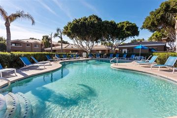 Phoenix apartment for rent - a resort style swimming pool with blue chairs and palm trees