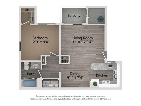 Floor plan for 1 bed, 1 bath, 717 sqft
