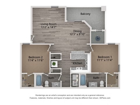 Floor plan for 2 beds, 1 bath, 838 sqft