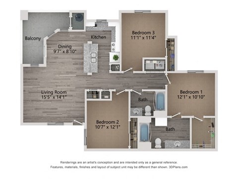 Floor plan for 3 beds, 2 baths, 1258 sqft