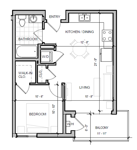 Floor plan for 1 bed, 1 bath, 569 sqft