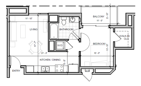 Floor plan for 1 bed, 1 bath, 573 sqft