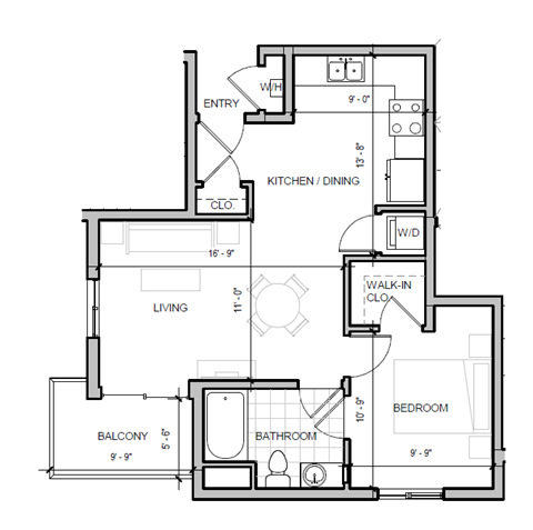 Floor plan for 1 bed, 1 bath, 591 sqft
