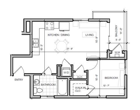 Floor plan for 1 bed, 1 bath, 569 sqft