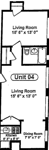 Floor plan for 1 bed, 1 bath, 493 sqft