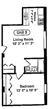 Floor plan for 1 bed, 1 bath, 600 sqft