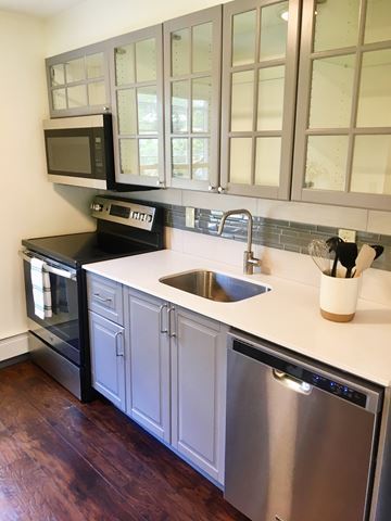 Ardmore apartment for rent - A kitchen with a stainless steel dishwasher and microwave above the sink.