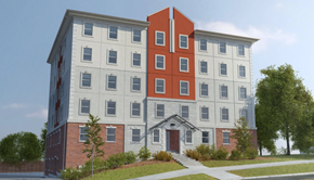 Waterloo apartment for rent - A red and white building with a brown door.
