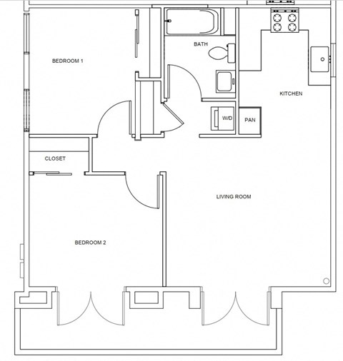 Floor plan for 2 beds, 1 bath, 900 sqft