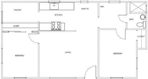 Floor plan for 2 beds, 1 bath, 750 sqft