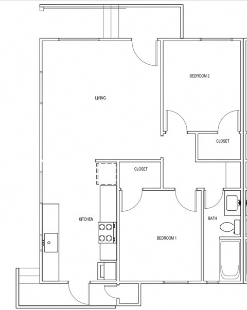 Floor plan for 2 beds, 1 bath, 750 sqft