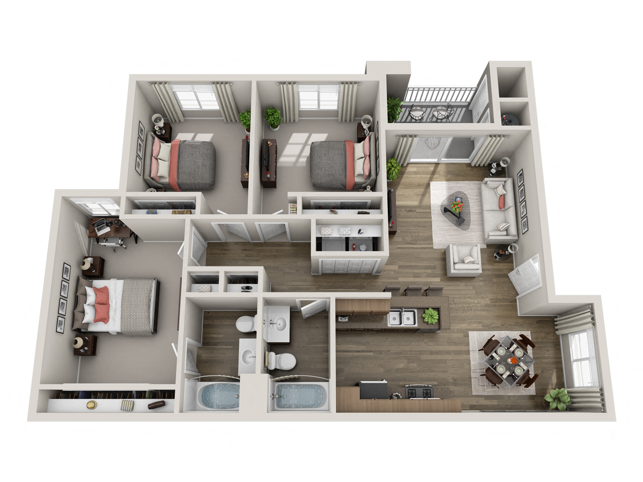 Floor plan for 3 beds, 2 baths, 1335 sqft