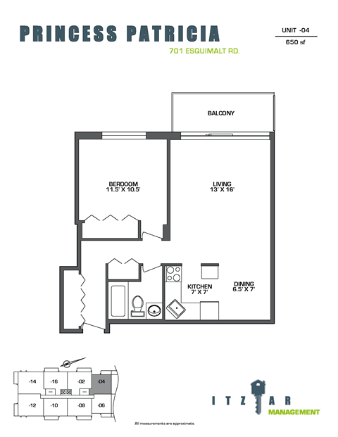 Floor plan for 1 bed, 1 bath, 650 sqft