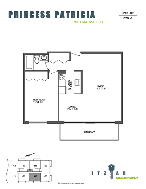 Floor plan for 1 bed, 1 bath, 670 sqft