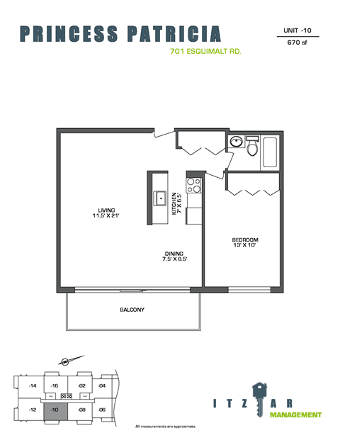 Floor plan for 1 bed, 1 bath, 670 sqft