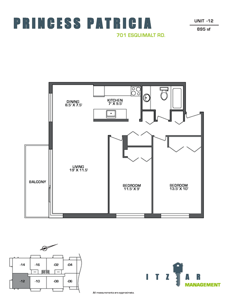 Floor plan for 2 beds, 1 bath, 895 sqft
