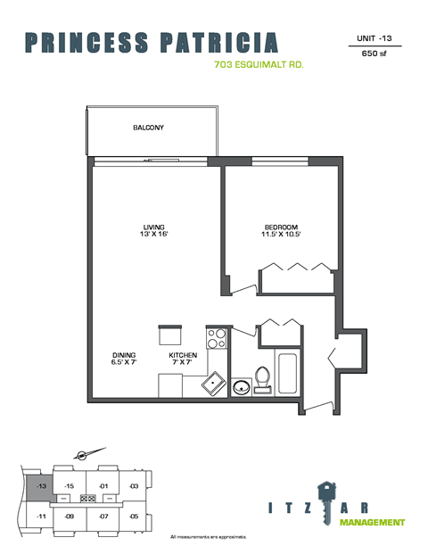 Floor plan for 1 bed, 1 bath, 650 sqft