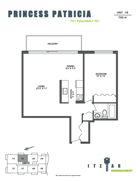 Floor plan for 1 bed, 1 bath, 700 sqft