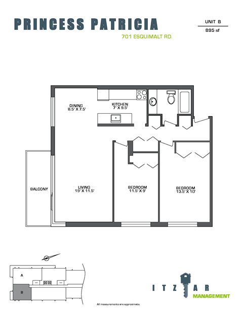 Floor plan for 2 beds, 1 bath, 895 sqft