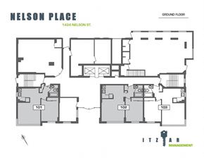 Vancouver apartment for rent - A floor plan for Nelson Place shows the layout of rooms 101, 102, and 103.