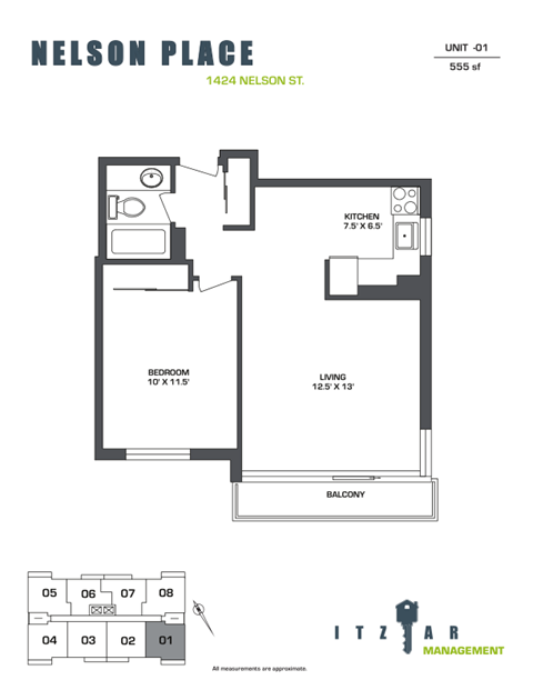 Floor plan for 1 bed, 1 bath, 555 sqft