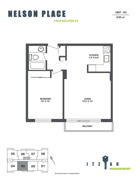 Floor plan for 1 bed, 1 bath, 545 sqft