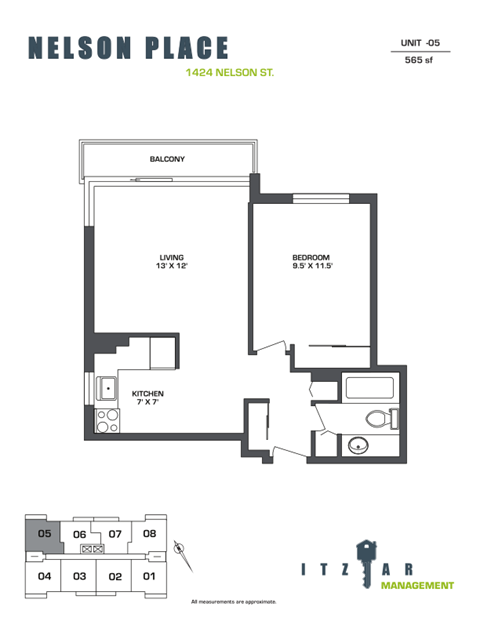 Floor plan for 1 bed, 1 bath, 565 sqft