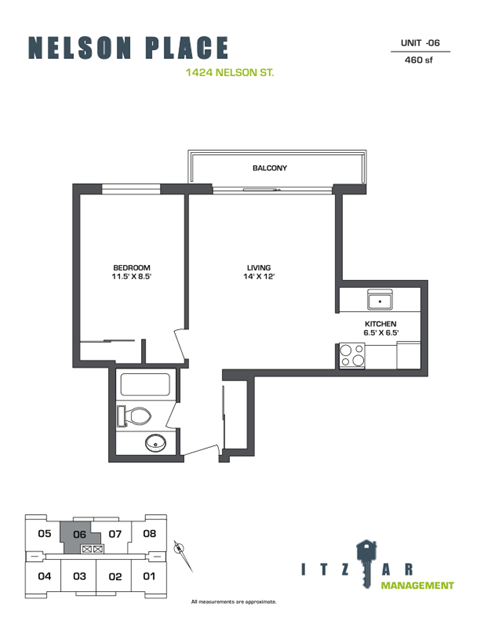 Floor plan for 1 bed, 1 bath, 460 sqft