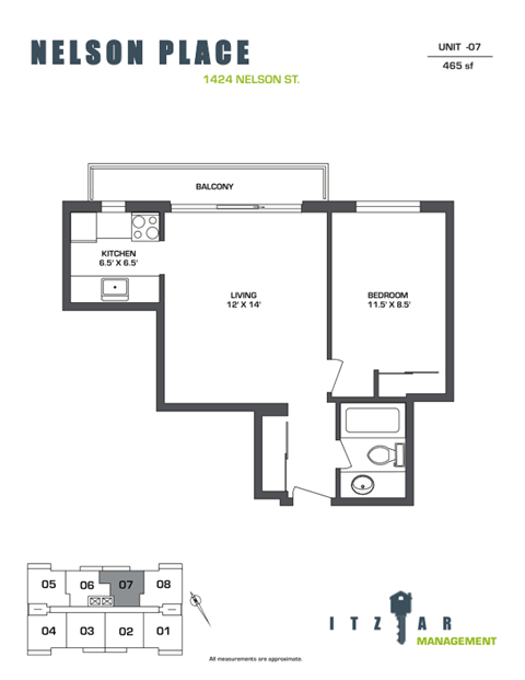 Floor plan for 1 bed, 1 bath, 465 sqft