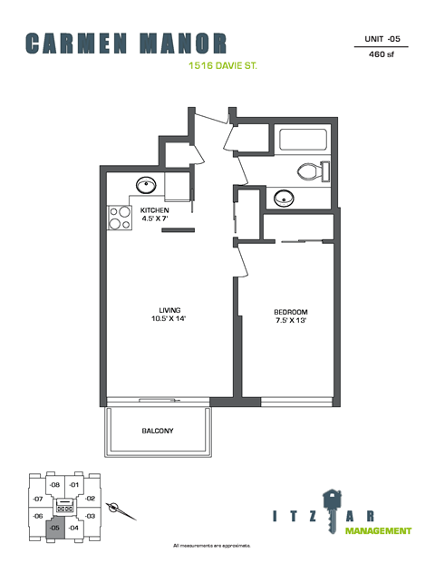 Floor plan for 1 bed, 1 bath, 460 sqft