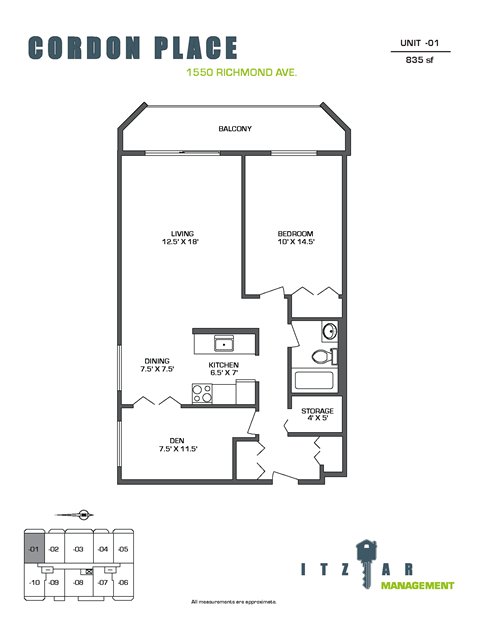 Floor plan for 1 bed, 1 bath, 835 sqft