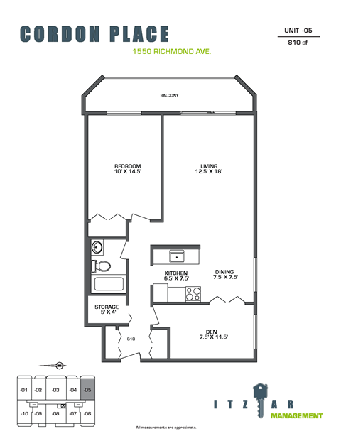 Floor plan for 1 bed, 1 bath, 810 sqft