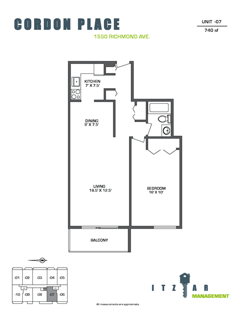 Floor plan for 1 bed, 1 bath, 740 sqft
